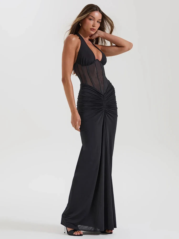 Vestido Largo Elegante para Mujer – Escote en V, Cuello Halter y Corte Entallado | Vestido de Fiesta y Noche