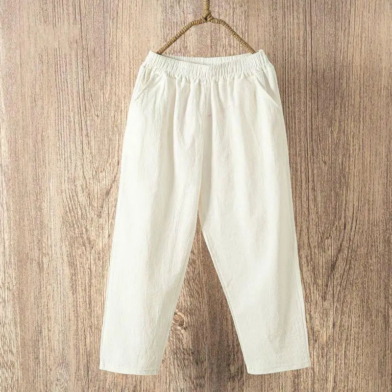 Pantalón Casual de Lino y Algodón para Mujer – Corte Holgado y Cintura Elástica