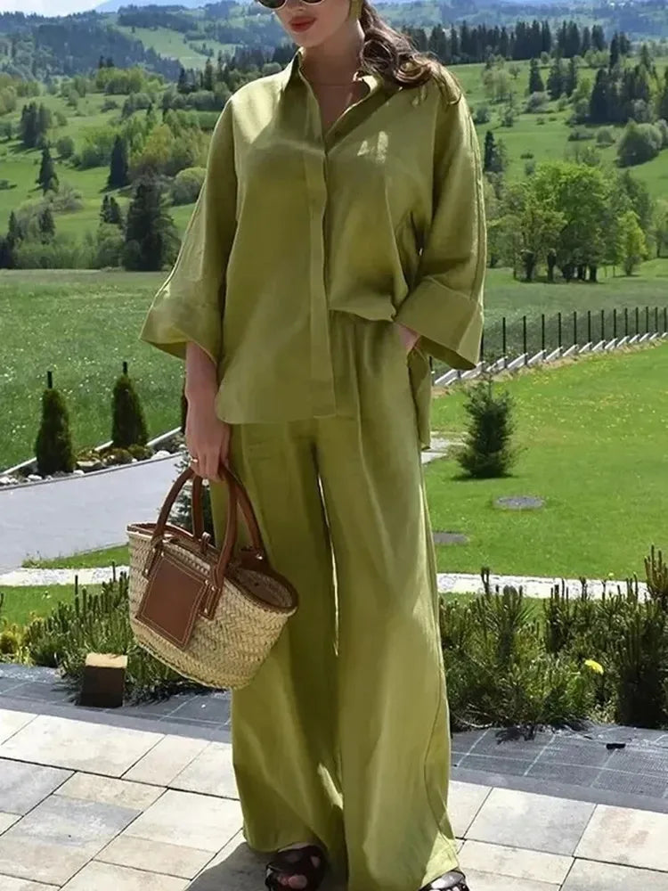 Conjunto de Camisa y Pantalón de Lino para Mujer – Estilo Oversize y Pierna Ancha
