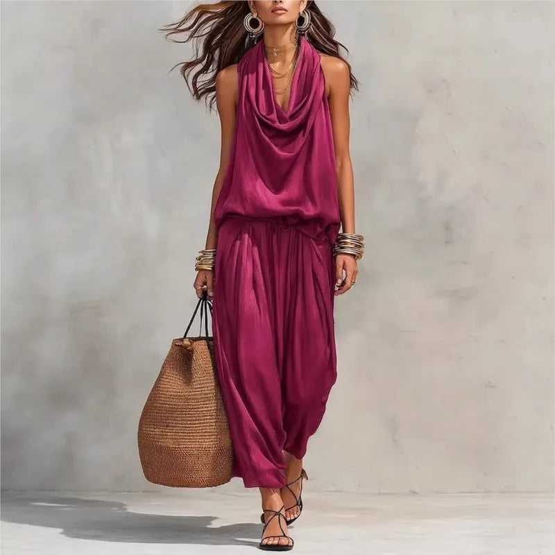 Conjunto de 2 Piezas para Mujer – Top con Volantes y Espalda Descubierta + Pantalón de Talle Alto