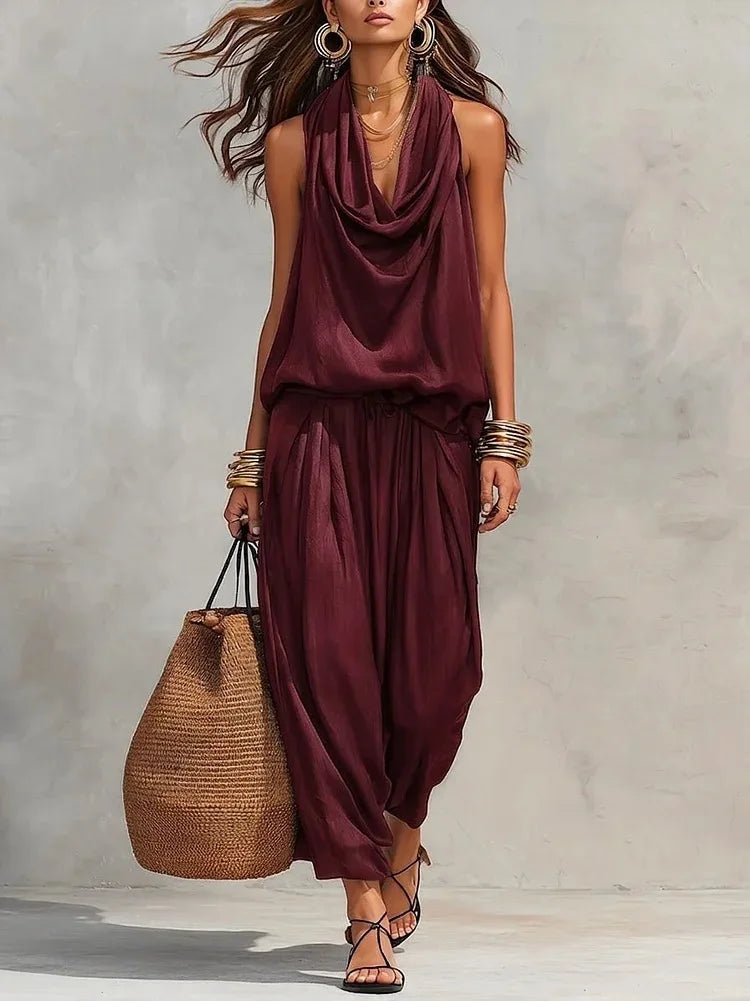 Conjunto de 2 Piezas para Mujer – Top con Volantes y Espalda Descubierta + Pantalón de Talle Alto