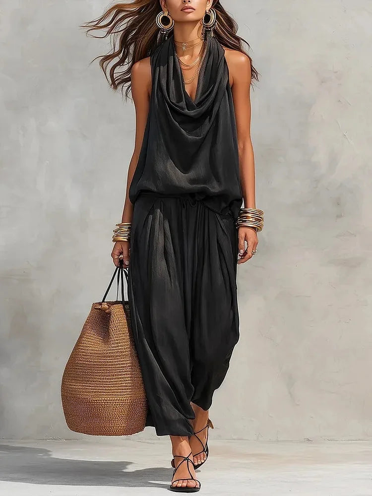 Conjunto de 2 Piezas para Mujer – Top con Volantes y Espalda Descubierta + Pantalón de Talle Alto