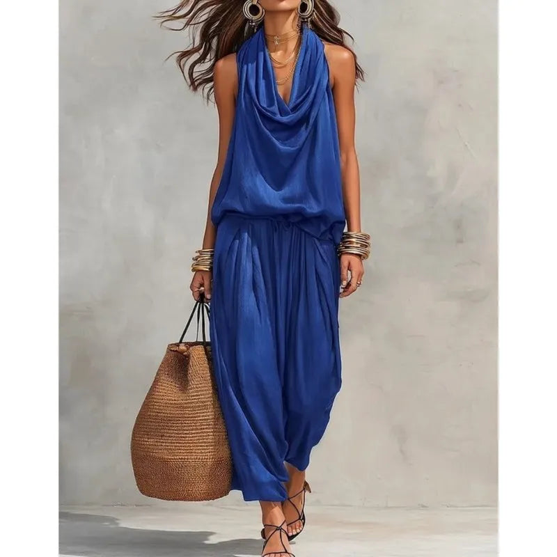 Conjunto de 2 Piezas para Mujer – Top con Volantes y Espalda Descubierta + Pantalón de Talle Alto