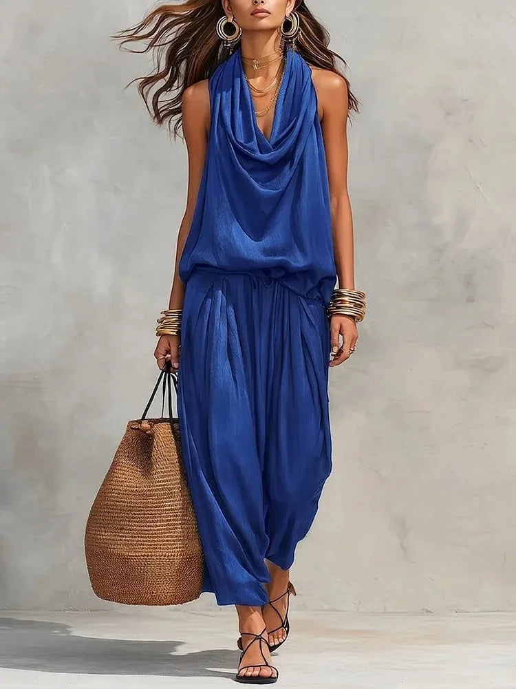 Conjunto de 2 Piezas para Mujer – Top con Volantes y Espalda Descubierta + Pantalón de Talle Alto