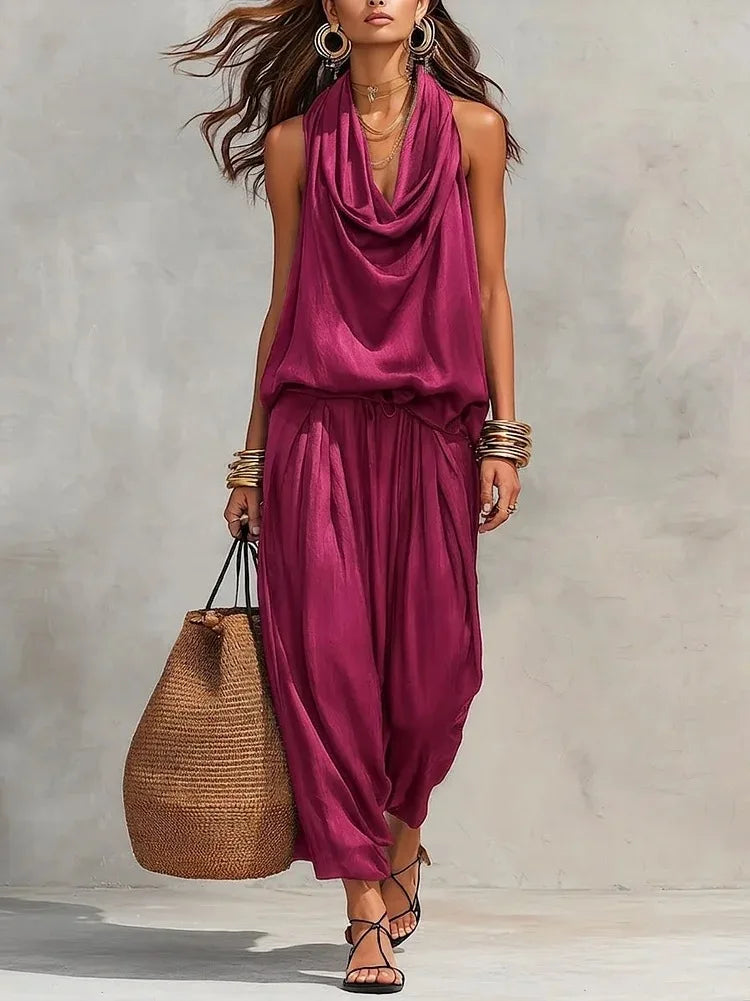 Conjunto de 2 Piezas para Mujer – Top con Volantes y Espalda Descubierta + Pantalón de Talle Alto
