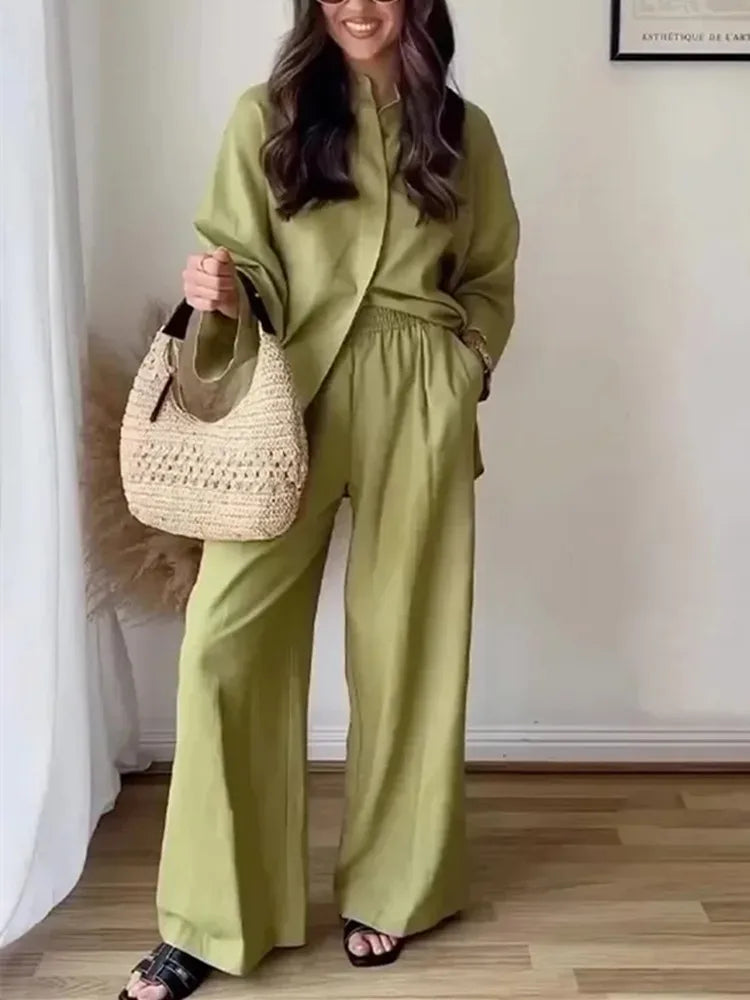 Conjunto de Camisa y Pantalón de Lino para Mujer – Estilo Oversize y Pierna Ancha