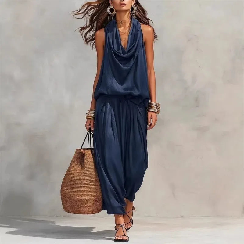 Conjunto de 2 Piezas para Mujer – Top con Volantes y Espalda Descubierta + Pantalón de Talle Alto