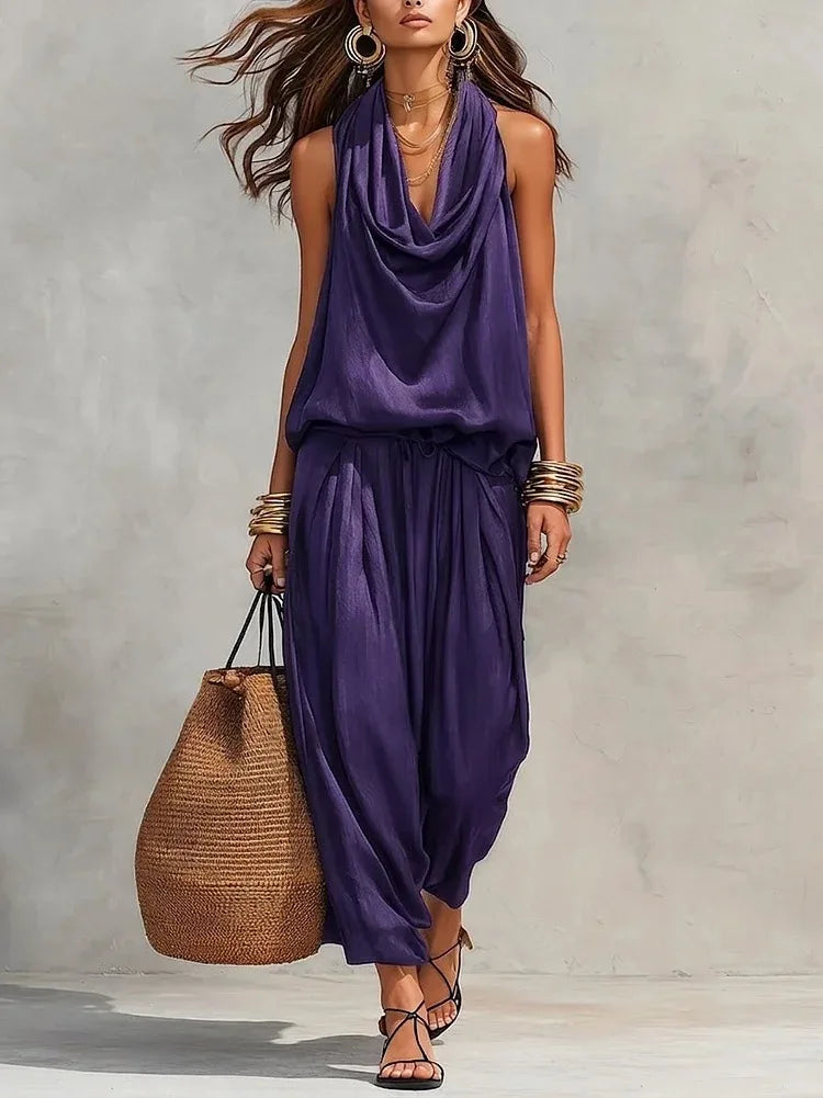 Conjunto de 2 Piezas para Mujer – Top con Volantes y Espalda Descubierta + Pantalón de Talle Alto