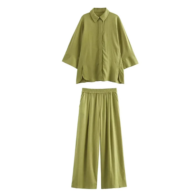 Conjunto de Camisa y Pantalón de Lino para Mujer – Estilo Oversize y Pierna Ancha