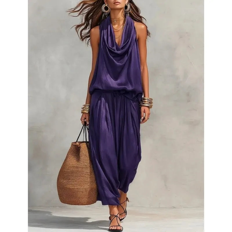 Conjunto de 2 Piezas para Mujer – Top con Volantes y Espalda Descubierta + Pantalón de Talle Alto